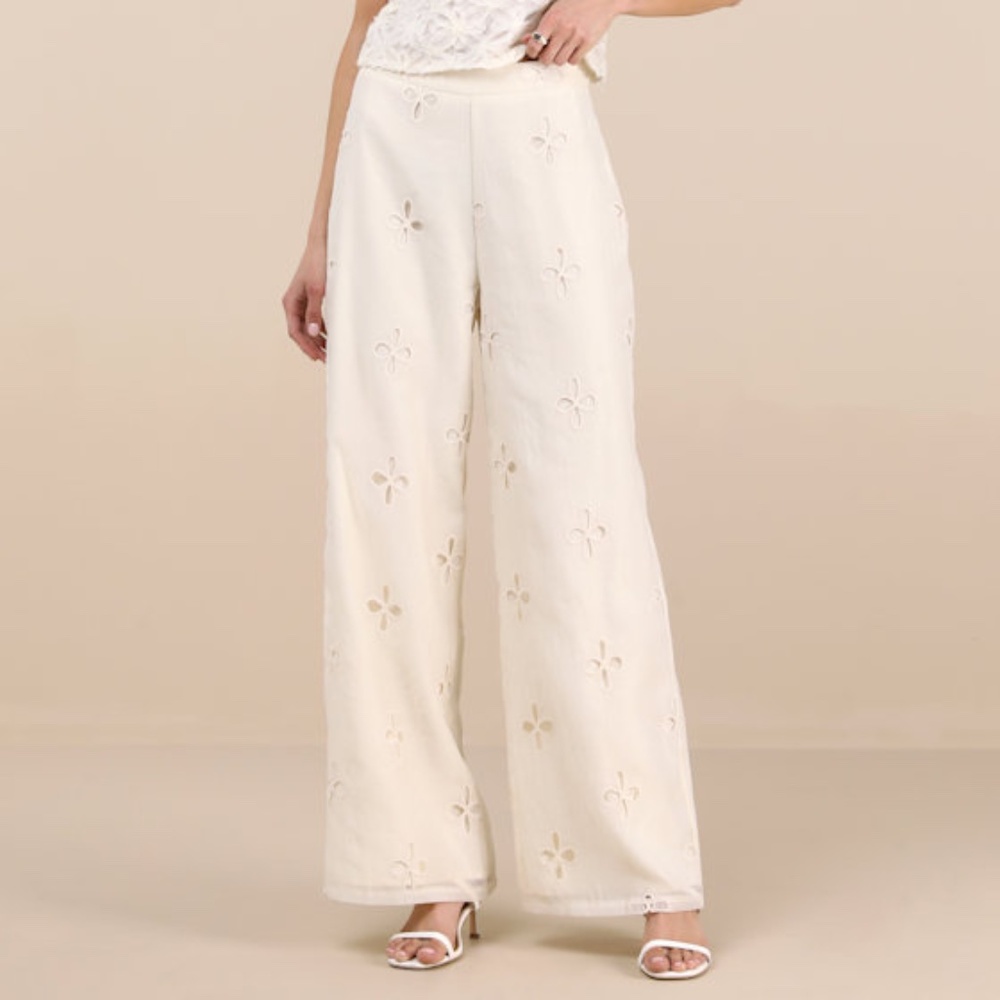 Lulus Elif Cream Eyelet Embroidered High-rise Pants White - Size L - Picture 1 of 1